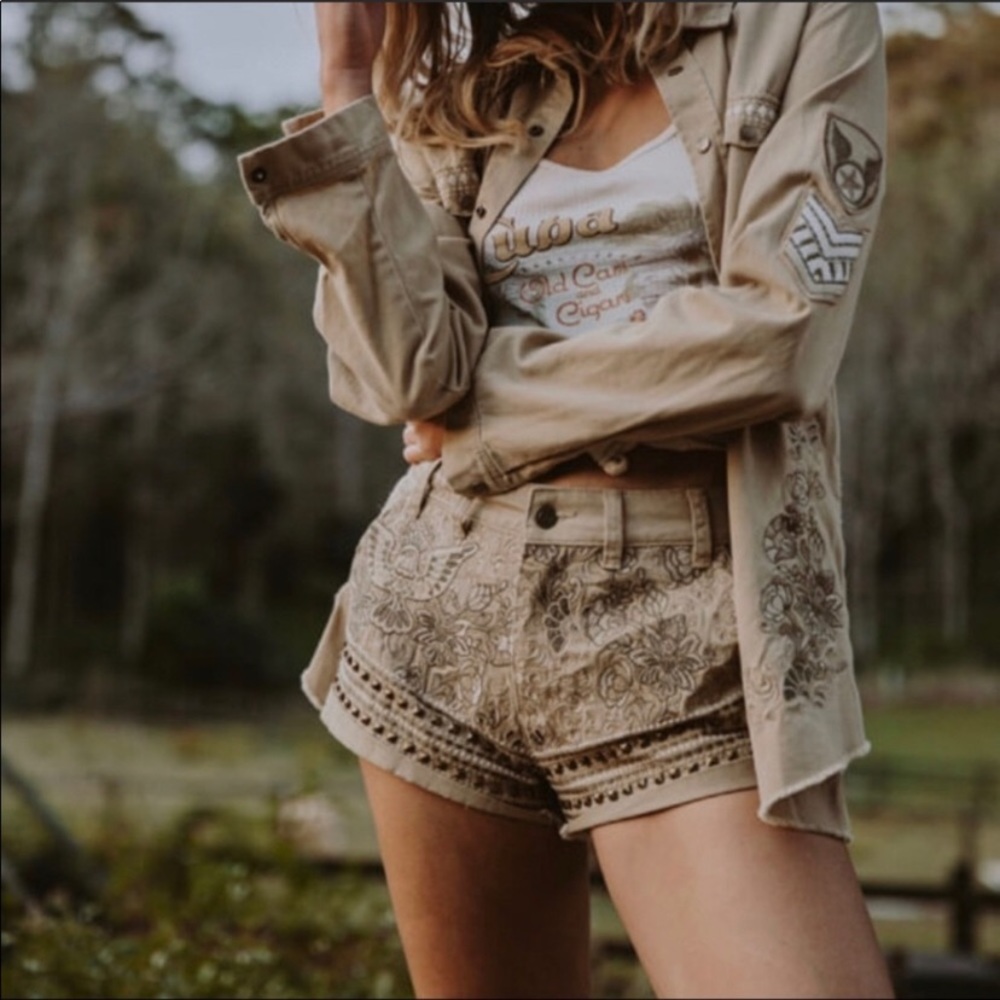 🌸Spell🌸 Tan Floral Embroidered Women Shorts